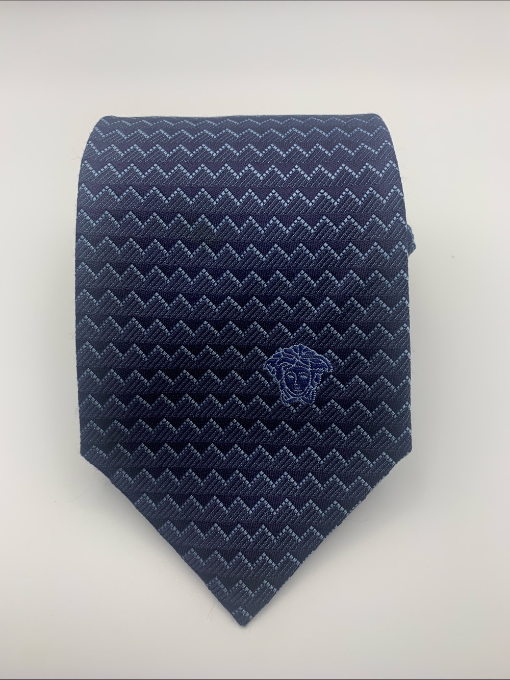 Versace Dark Blue Zigzag Silk Tie with Embroidered Medusa